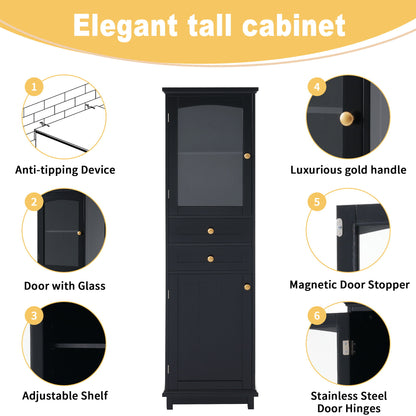 Tall Bathroom Storage Cabinet With Glass Doors, Free-Standing, Two Drawers, And Adjustable Shelves, MDF Board, Painted Perfect For Displaying Your Favorite Items - Black