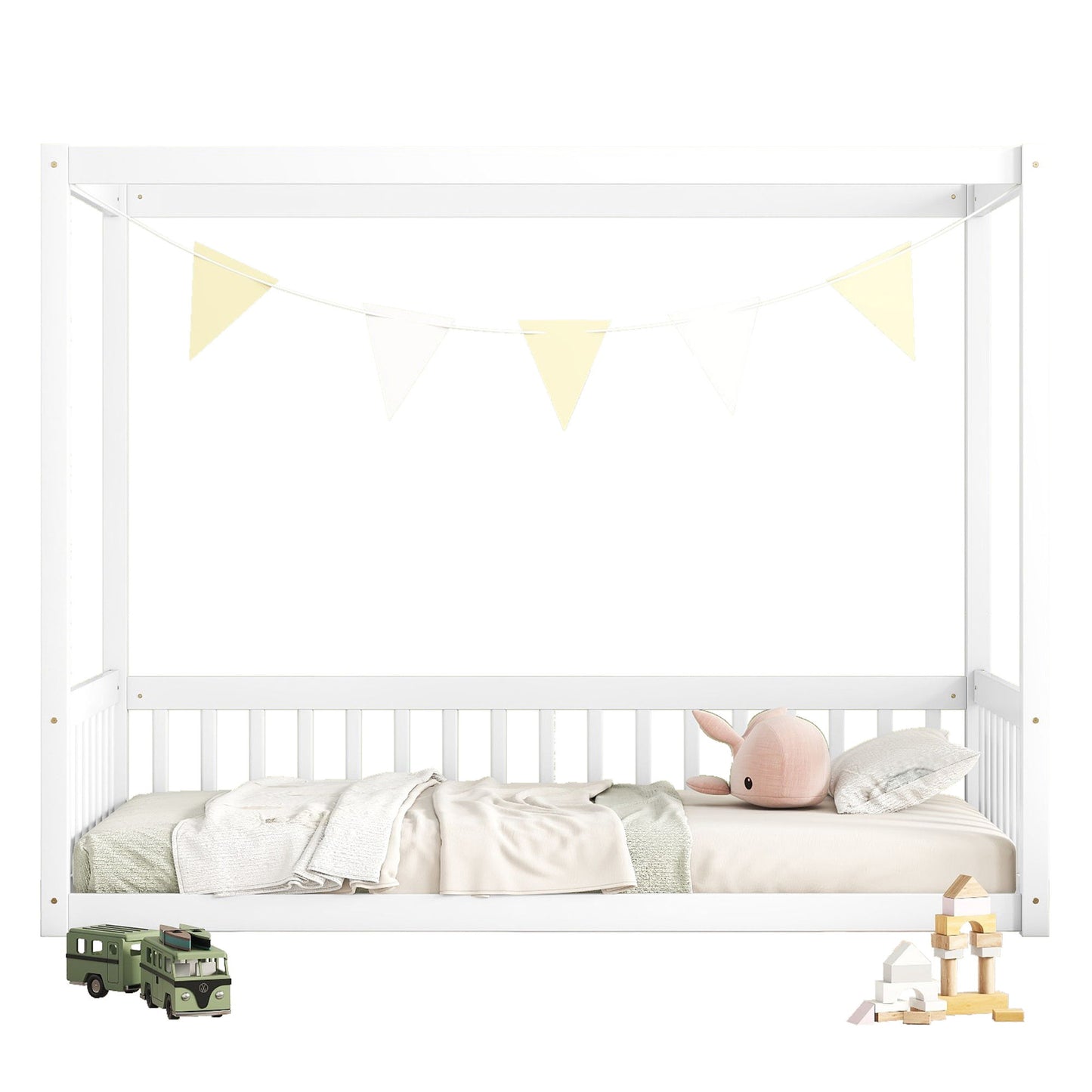 Twin Size Canopy Frame Floor Bed With Fence, Guardrails - White