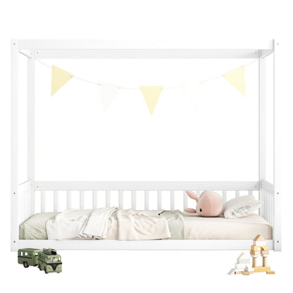 Twin Size Canopy Frame Floor Bed With Fence, Guardrails - White