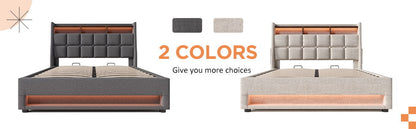 Queen Size Upholstered Platform Bed With A Hydraulic Storage System, LED And USB Charging (Without Mattress) - Gray