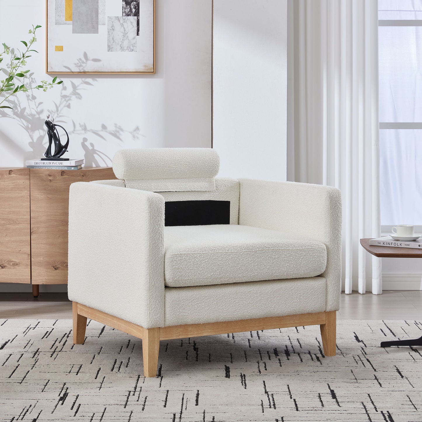 Wide Modern Farmhouse Performance Accent Chair With Natural Wood Legs, Wood Base Reading Armchair Single Sofa With 2 Bolster Pillows For Living Room Offices And Lounge - Ivory