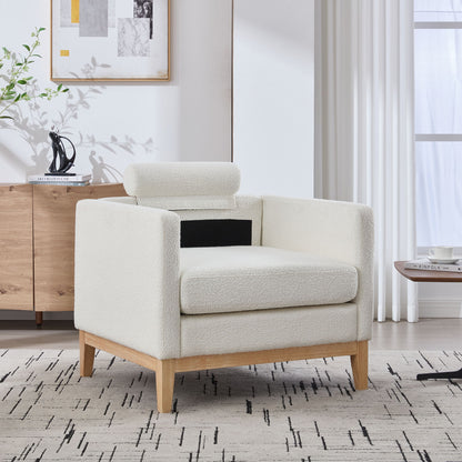 Wide Modern Farmhouse Performance Accent Chair With Natural Wood Legs, Wood Base Reading Armchair Single Sofa With 2 Bolster Pillows For Living Room Offices And Lounge - Ivory