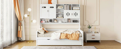 Twin Size Wooden Daybed With Twin Size Trundle, And All In One Cabinet And Shelf - White