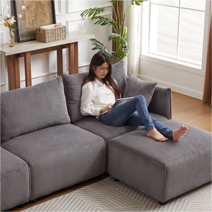 Multi Module Combination Style Sofa For Living Room And Other Lounge Spaces, Modern Minimalist Corduroy Combination Sofa With 2 Comfort Cushions With USB & C Charging Ports - Gray
