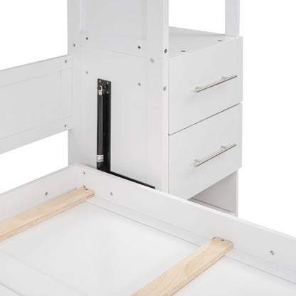Full Size Murphy Wall Bed With Shelves, Drawers And LED Lights - White