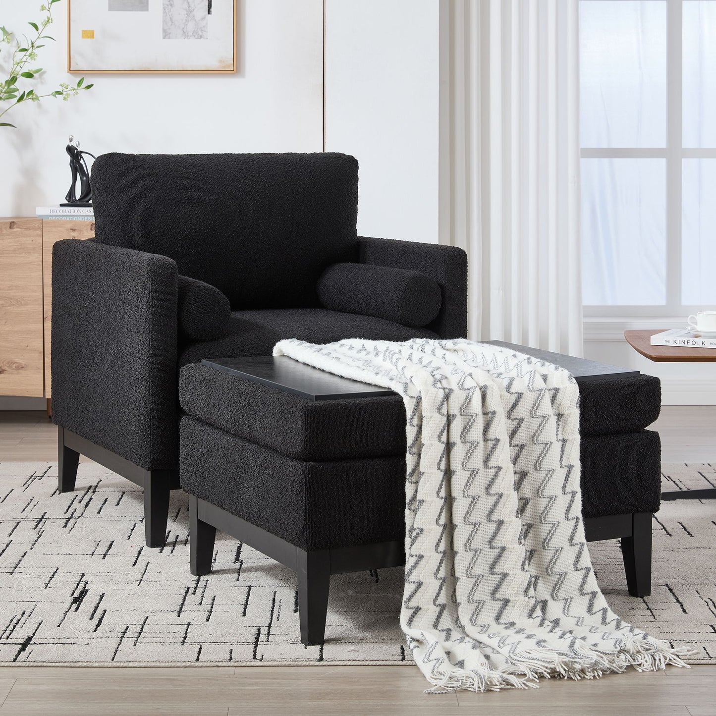 Farmhouse Upholstered Accent Chair With Ottoman Wood Base, Reversible Lid Coffee Table For Living Room Or Office - Black