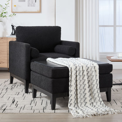 Farmhouse Upholstered Accent Chair With Ottoman Wood Base, Reversible Lid Coffee Table For Living Room Or Office - Black