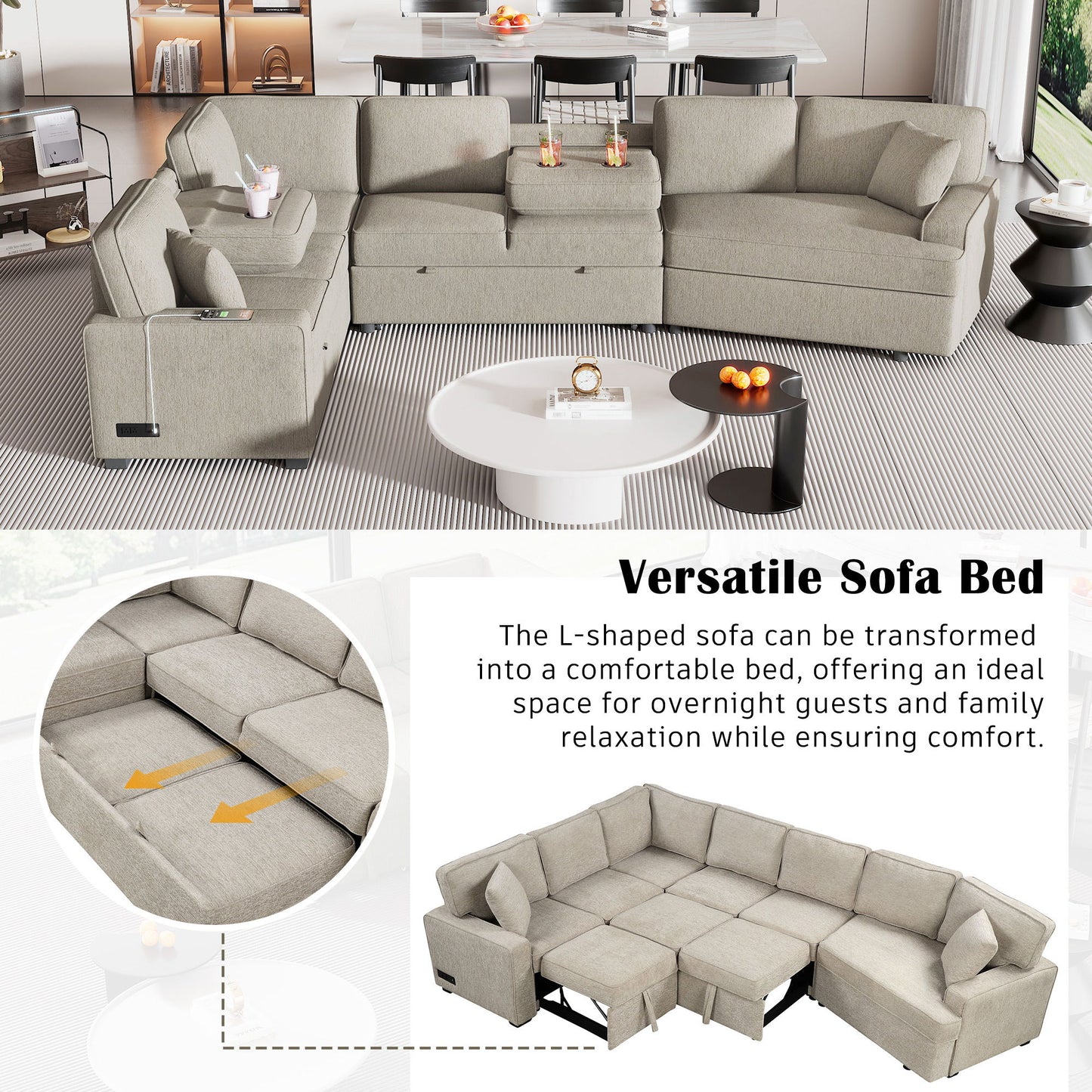 L-Shaped Sofa Sectional Sofa Couch Pull-Out Sofa Bed With Charging Devices And Cup Holders For Living Room - Beige