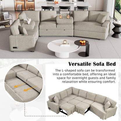 L-Shaped Sofa Sectional Sofa Couch Pull-Out Sofa Bed With Charging Devices And Cup Holders For Living Room - Beige