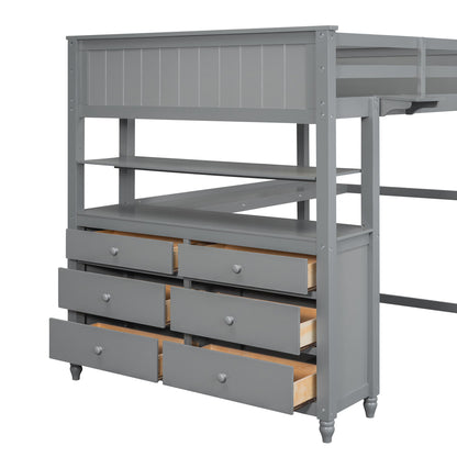 Full Size Loft Bed With Drawers And Desk With Shelves - Gray