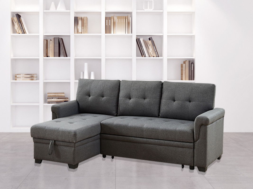 Destiny - Linen Reversible Sleeper Sectional Sofa With Storage Chaise - Dark Gray