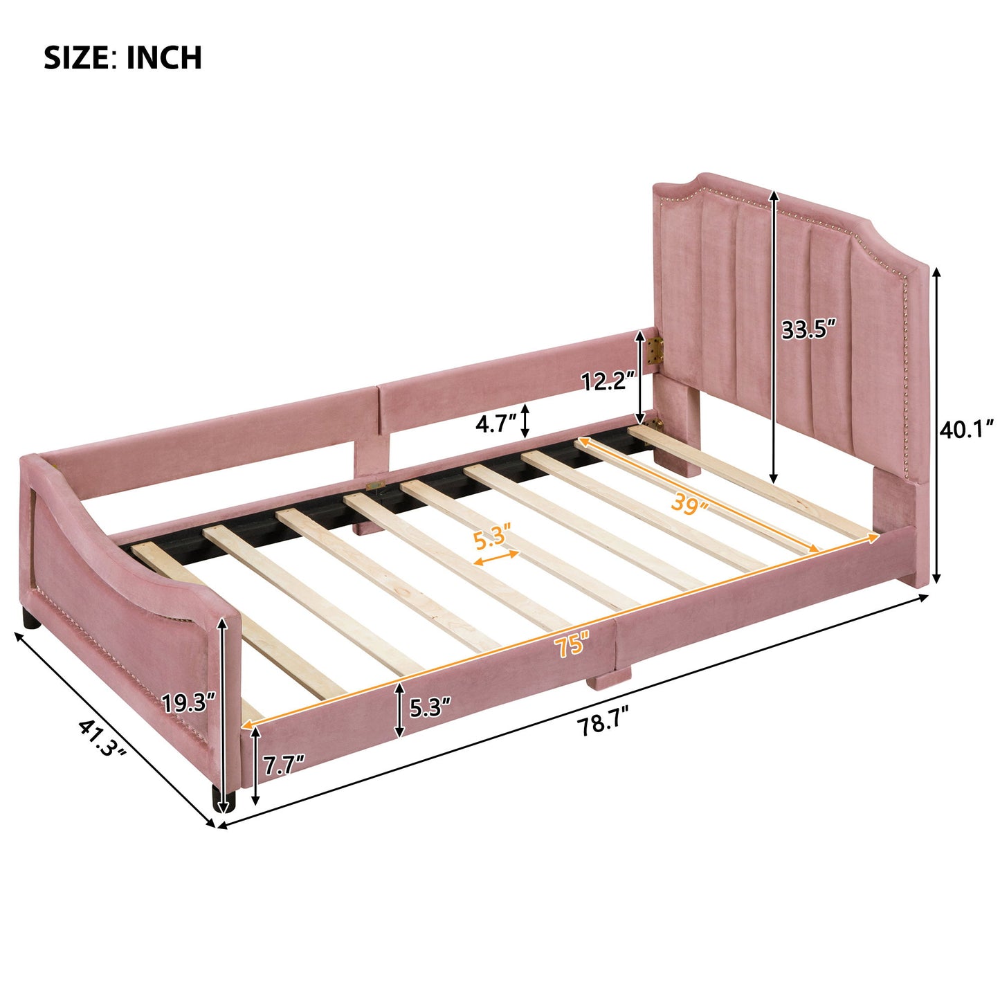Twin Size Upholstered Daybed With Classic Stripe Shaped Headboard - Pink