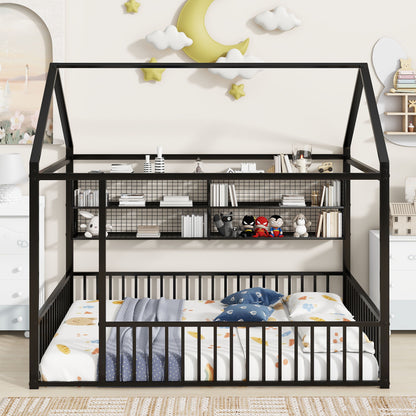 Full Size Bed House Frame With Fence And Shelves - Black