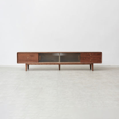TV Cabinet With Chinese Changhong Glass Doors, Two Drawer Storage Space TV Standing - Walnut