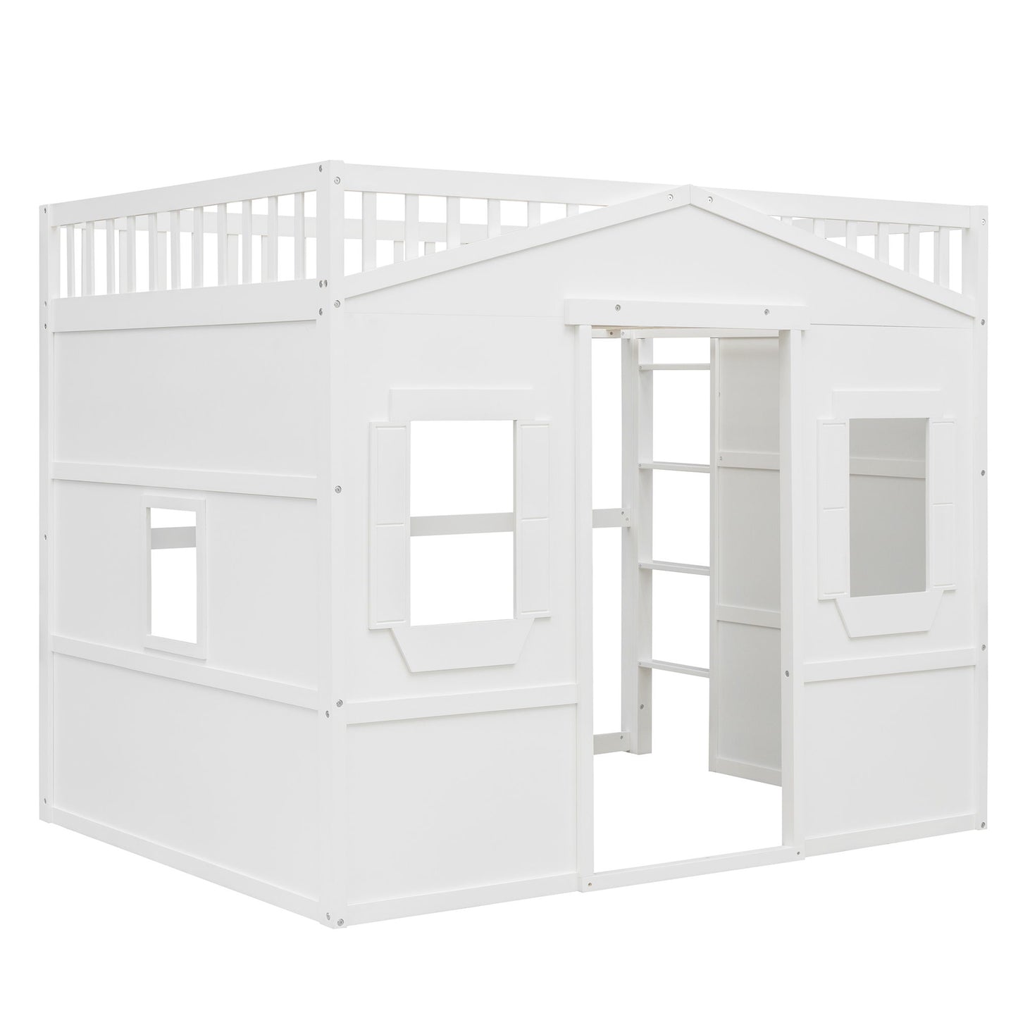 Full Size House Loft Bed With Ladder - White