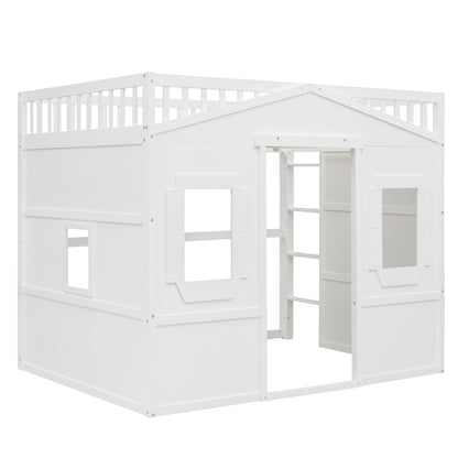 Full Size House Loft Bed With Ladder - White
