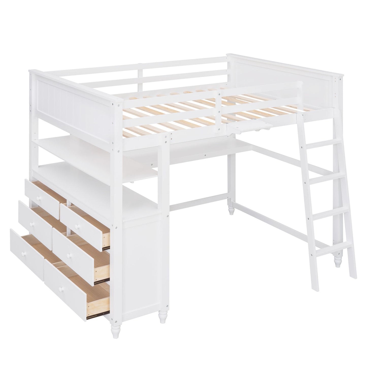 Full Size Loft Bed With Drawers And Desk With Shelves - White