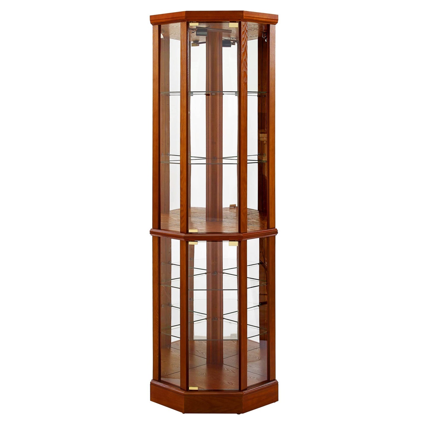 6 Shelf Lighted Corner Curio Cabinet With Adjustable Tempered Glass Shelves And Mirror Back (E26 Light Bulb Not Included) - Oak
