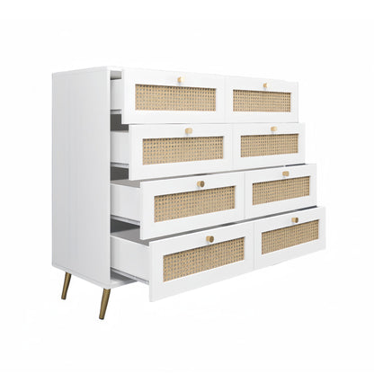8 Drawers Chest Of Drawers With Rattan Drawer Face Golden Legs And Handles - White