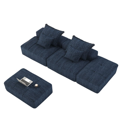Modern Oversized Modular Sectional Sofa With 2 Ottoman And 2 Seat, Sparkling Chenille Fabric Soft Cushion Sofa With 4 Pillows, 4 Pieces Diy Combination Tufted Sofa, No Assembly Required - Blue
