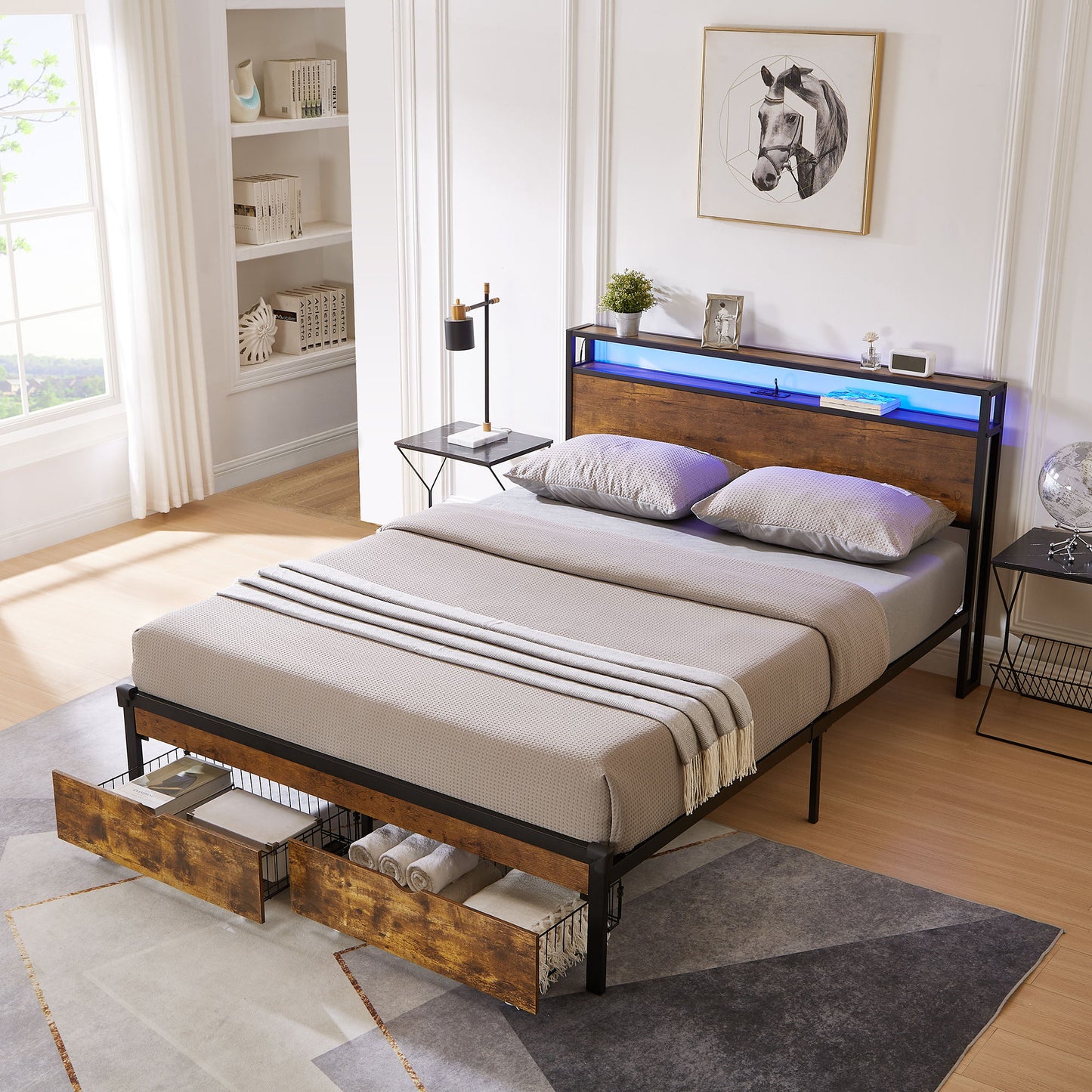 Queen Size Modern Metal Platform Bed Frame With Wooden Headboard And Footboard, USB Charging Station, LED Lights, And 2 Drawers, No Box Spring Needed - Brown / Black