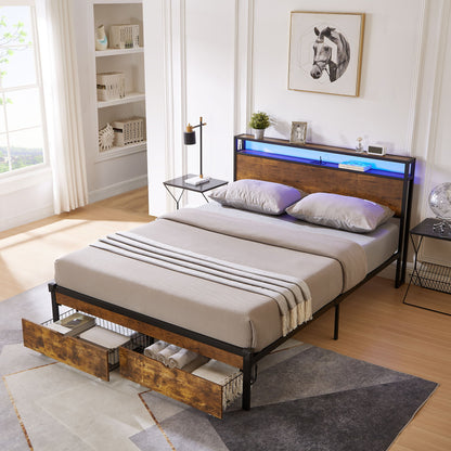Queen Size Modern Metal Platform Bed Frame With Wooden Headboard And Footboard, USB Charging Station, LED Lights, And 2 Drawers, No Box Spring Needed - Brown / Black