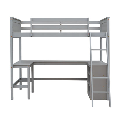 Twin Size Loft Bed With Shelves With Desk - Gray