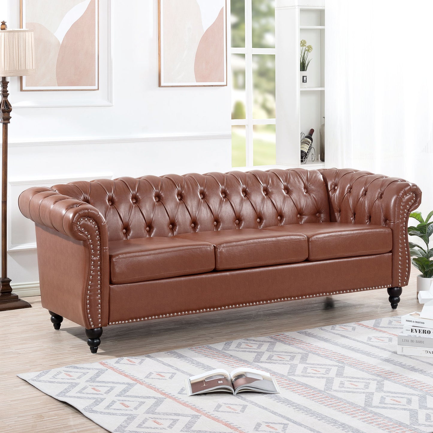 Rolled Arm Chesterfield Three Seater Sofa - Brown