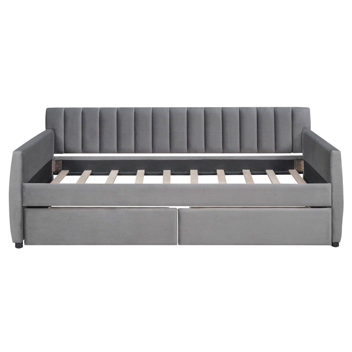 Twin Size Upholstered Daybed & Drawers, Slat Support - Gray