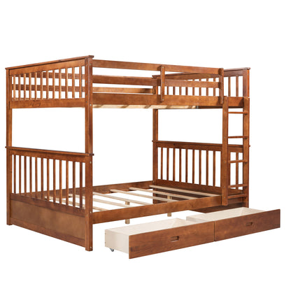 Full Over Full Bunk Bed With Ladders And 2 Storage Drawers - Walnut