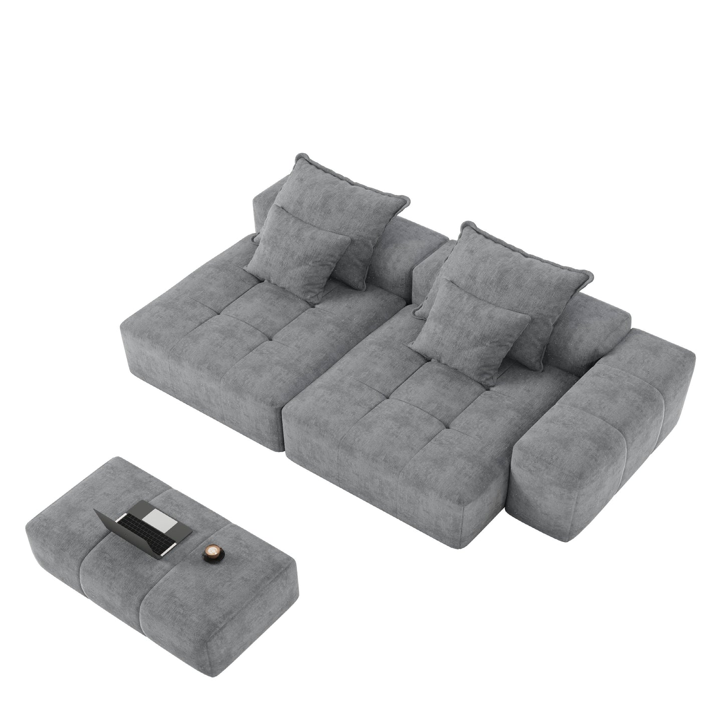 Modern Oversized Modular Sectional Sofa With 2 Chaise Lounge And 2 Armrest, Sparkling Chenille Fabric Soft Cushion Sofa With 4 Pillows, 4 Pieces Diy Combination Tufted Sofa, No Assembly Required - Gray