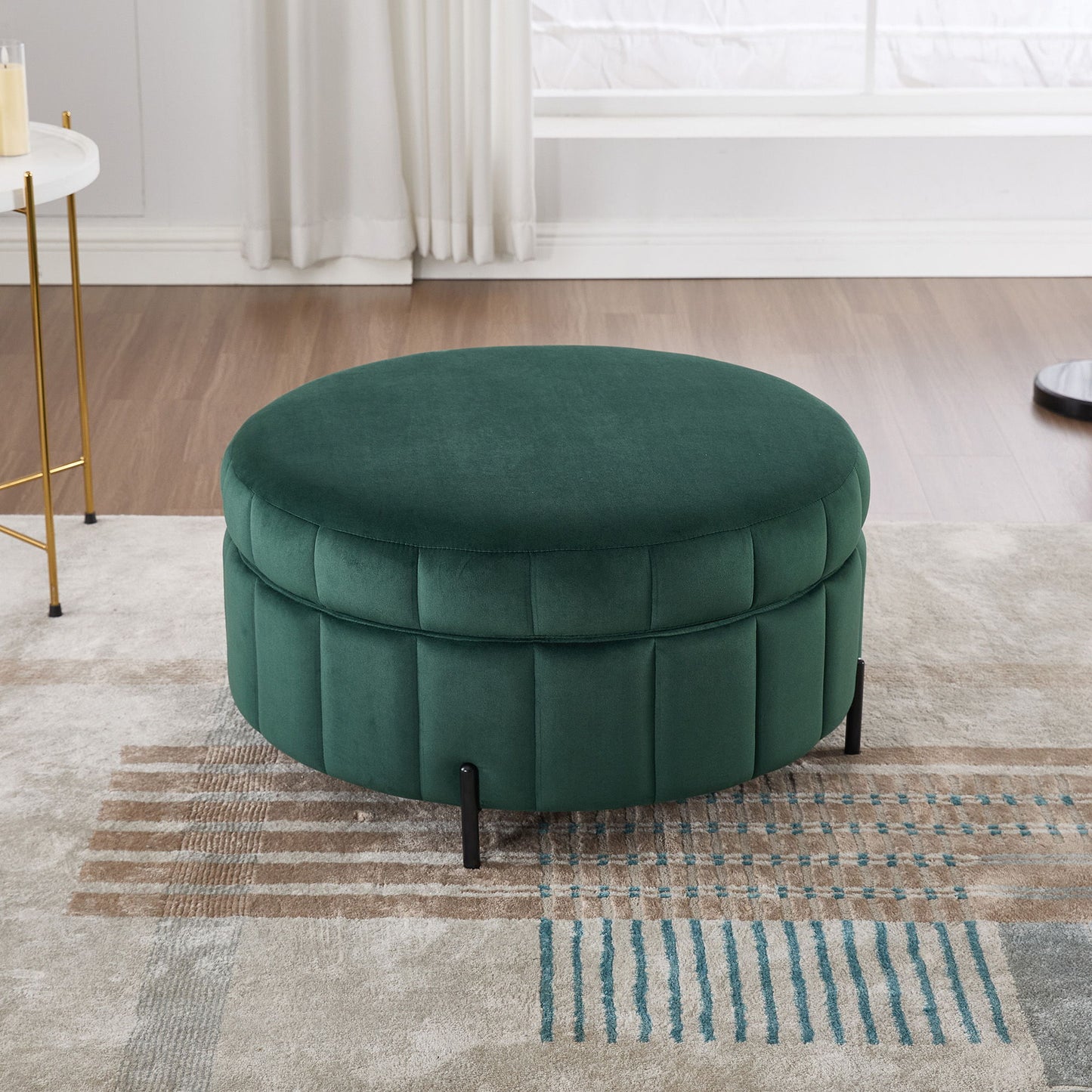 Upholstered Round Ottoman With Reversible Lid, Velvet Storage Stool, Channel Tufted Pumpkin Shape Footstool For Living Room, Bedroom And Office - Green