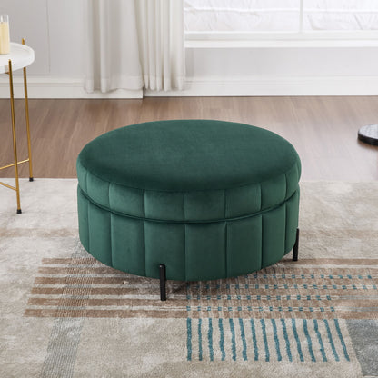 Upholstered Round Ottoman With Reversible Lid, Velvet Storage Stool, Channel Tufted Pumpkin Shape Footstool For Living Room, Bedroom And Office - Green