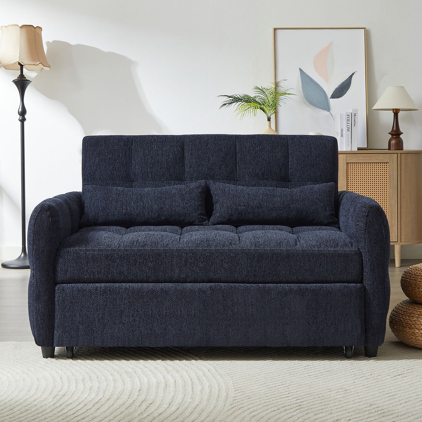 Loveseat Sofa Pull Out Sofa Bed Tufted Sleeper Sofa With An Adjustable Backrest, 3 USB Ports And 2 Lumbar Pillows For Living Room - Blue