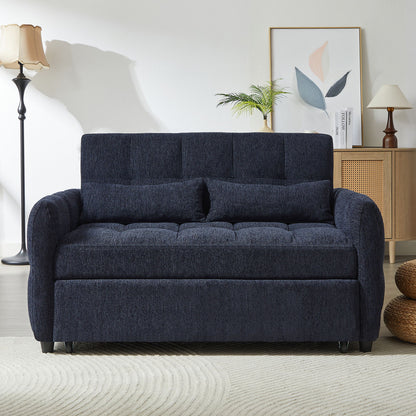 Loveseat Sofa Pull Out Sofa Bed Tufted Sleeper Sofa With An Adjustable Backrest, 3 USB Ports And 2 Lumbar Pillows For Living Room - Blue