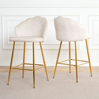 Elegant Shell Shape Off White Velvet Bar Chair Plated Metal Legs For Coffee Shops And Restaurants (Set of 2) - Gold