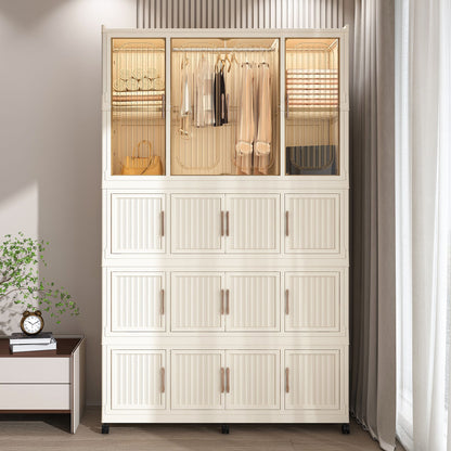 Portable Wardrobe Closet Storage Organizer With Magnetic Doors, Polypropylene - Cream White