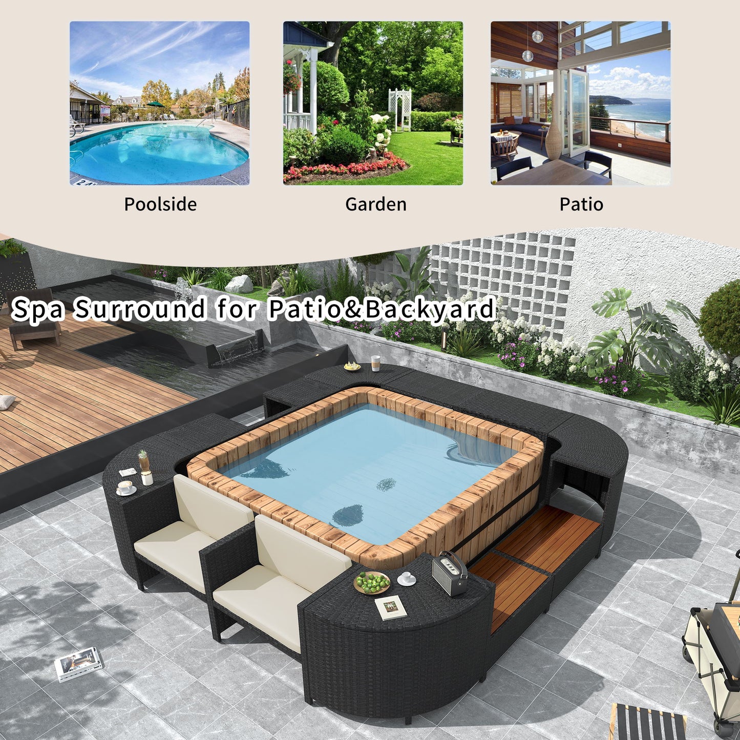 Spa Surround Spa Frame Quadrilateral Outdoor Rattan Sectional Sofa Set With Mini Sofa, Wooden Seats And Storage Spaces - Beige