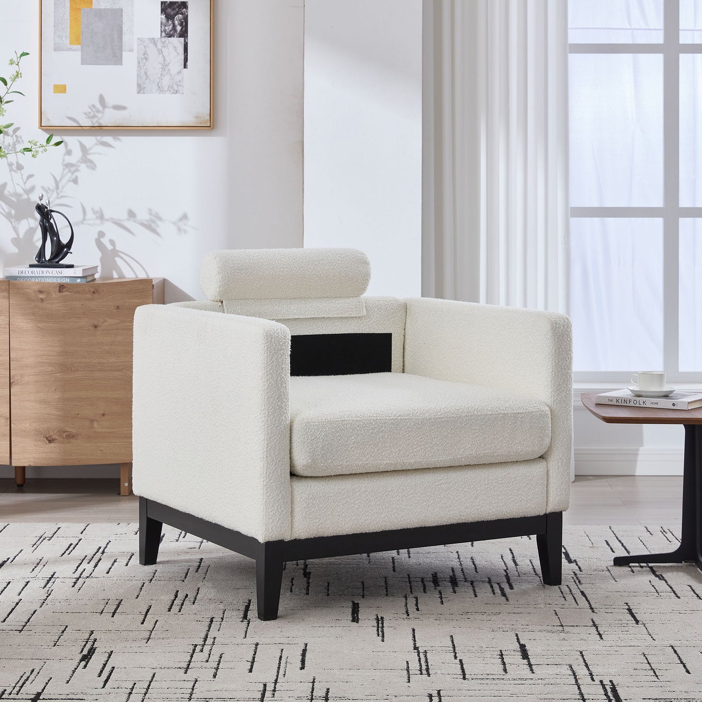 Wide Modern Farmhouse Performance Accent Chair With Black Legs, Wood Base Reading Armchair Single Sofa With 2 Bolster Pillows For Living Room Offices And Lounge - Ivory