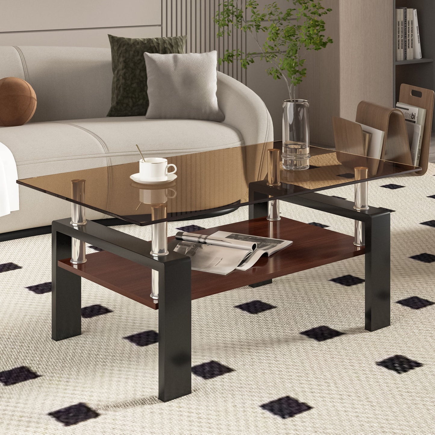 Modern Rectangular Coffee Table With Tempered Brown Glass Top And Layer Table For Living Room - Brown / Black