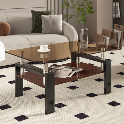 Modern Rectangular Coffee Table With Tempered Brown Glass Top And Layer Table For Living Room - Brown / Black
