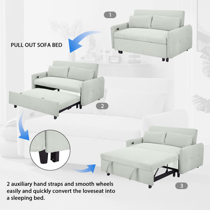 Pull Out Sofa Bed Convertible Couch 2 Seat Loveseat Sofa Modern Sleeper Sofa With 2 Throw Pillows And USB Ports For Living Room - Light Gray Green
