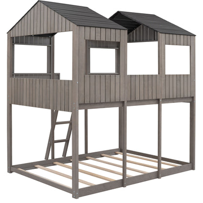 Full Over Full Bunk Bed With Roof, Window, Guardrail, Ladder - Antique Gray