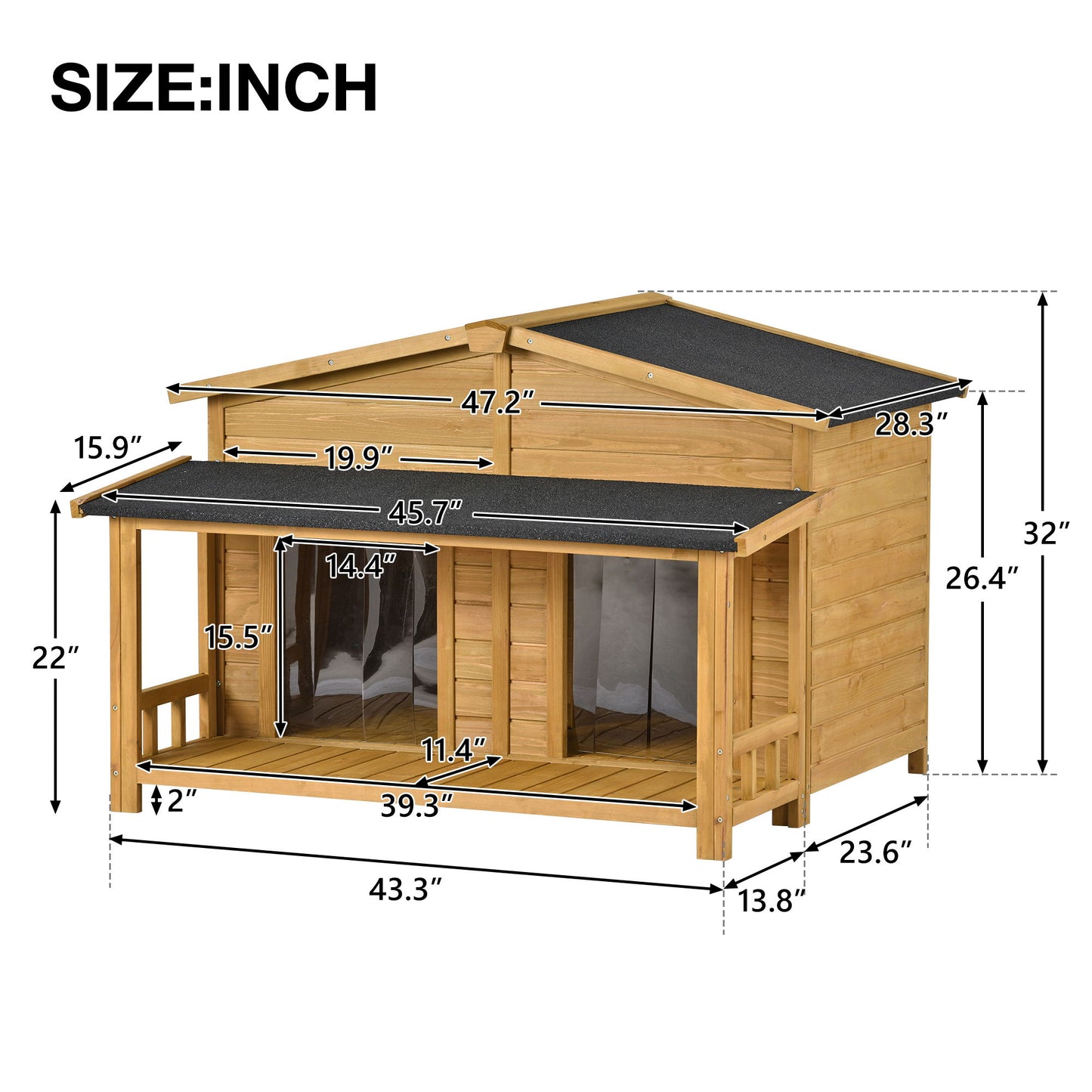Large Wooden Dog House Outdoor / Indoor Dog Crate, Cabin Style, With Porch, 2 Doors - Natural