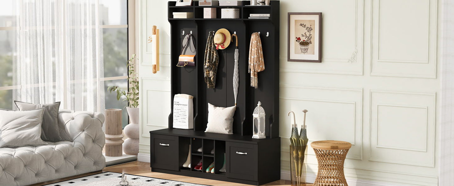 5 In 1 Entryway Bench With Coat Rack, 7 Sturdy Hooks, 2 Spacious Drawers And Adjustable Shelves, Wide Hall Tree With Metal Handles For Hallway - Black