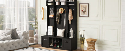 5 In 1 Entryway Bench With Coat Rack, 7 Sturdy Hooks, 2 Spacious Drawers And Adjustable Shelves, Wide Hall Tree With Metal Handles For Hallway - Black