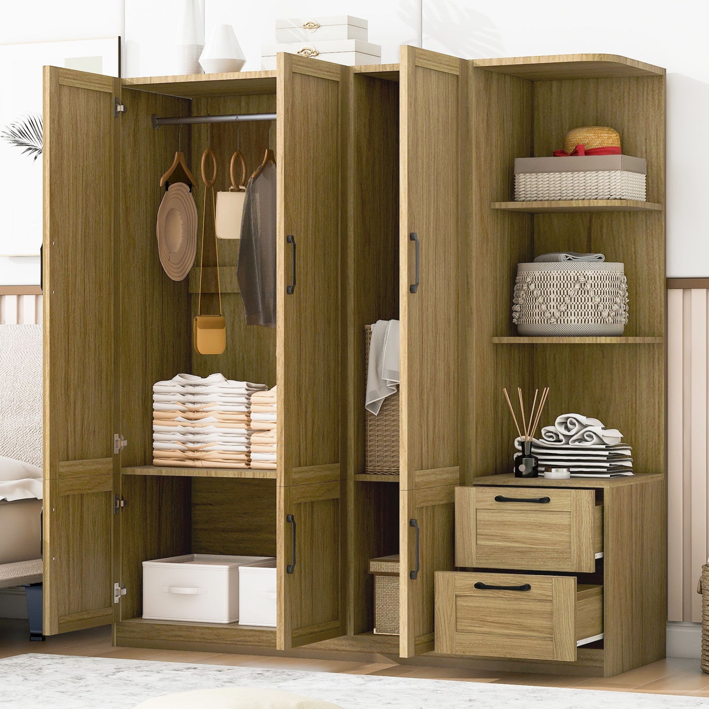 3 Door Storage Wardrobe For Dedroom With Shelves And 2 Drawers, Side Storage Shelves - Nature