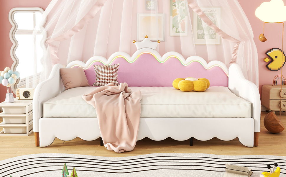 Twin Extending Daybed With LED Lights, Modern Upholstered Princess Daybed With Crown Headboard - White