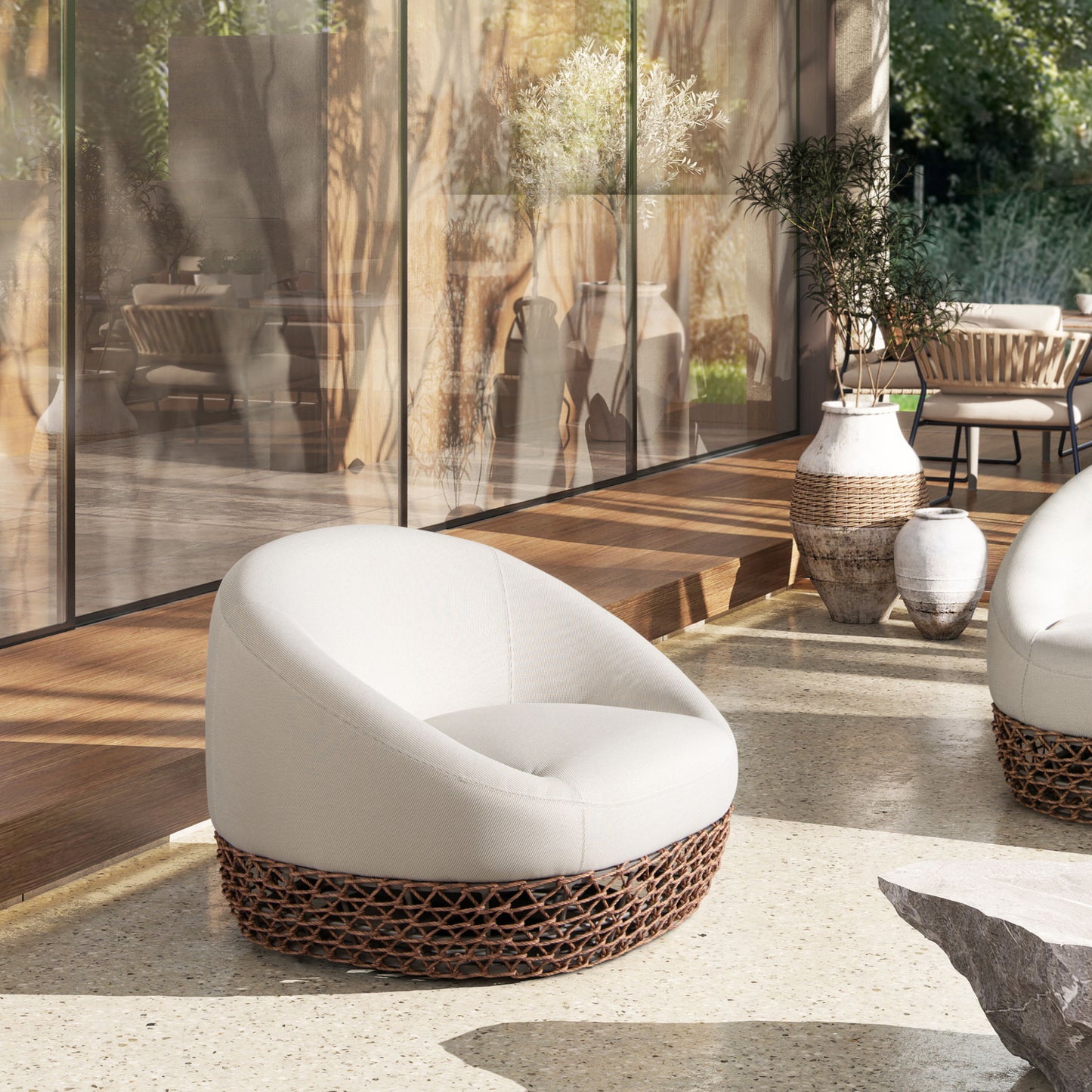 Willow - Upholstered Woven Patio Deep Seating Armchair, Wicker Frame - Wheat Beige / Golden Brown