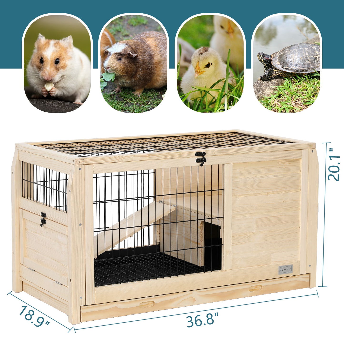 Wooden Rabbit Hutch Indoor Bunny House For Small Animals With Plastic Tray - Natural